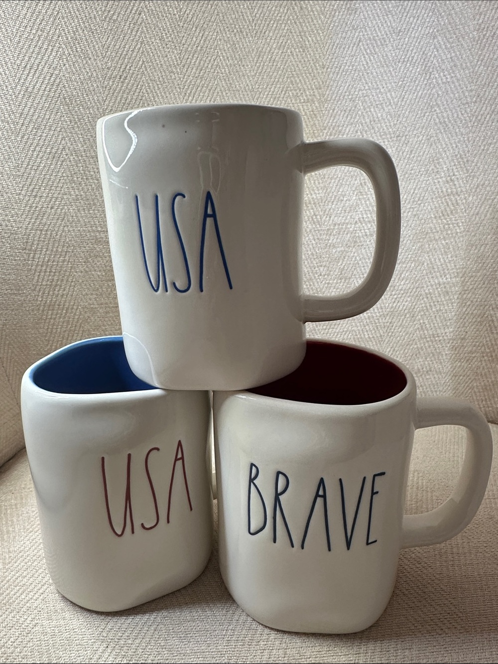 Rae Dunn White Ceramic Mugs with Blue and Red Interiors - Set of 3
